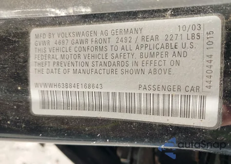 2004 Volkswagen Passat Glx z USA, uszkodzony, nr VIN WVWWH63B84E168643